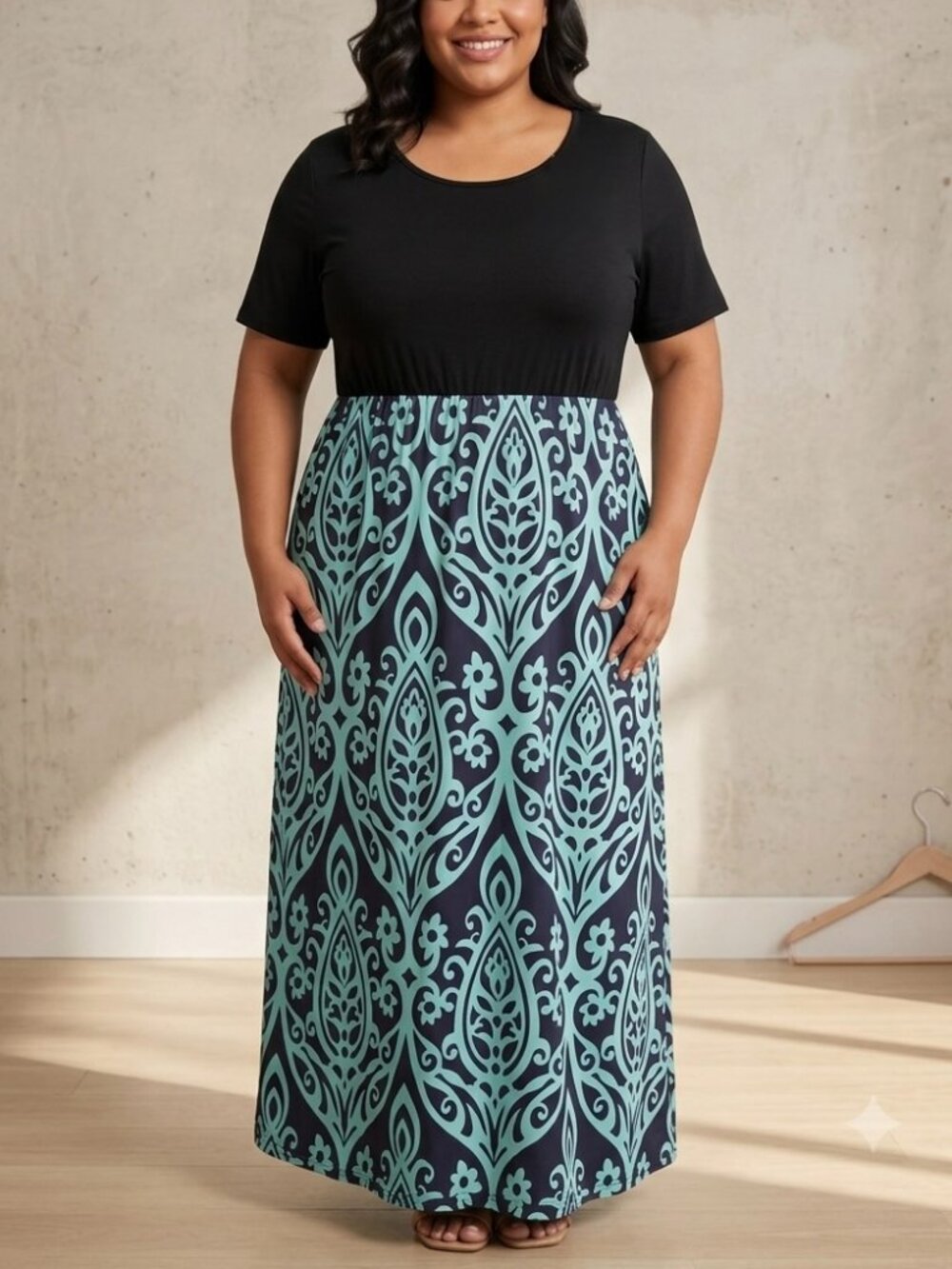 NWT Kancystore Plus Size 4XL Colorblock Maxi Dress Black & Teal Floral Vacation